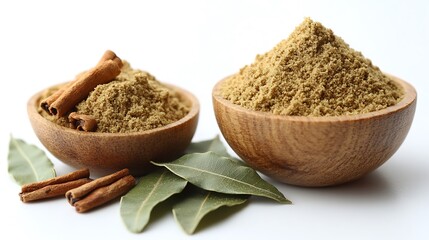 Dried Bay Leaves and Spices in Wooden Bowls