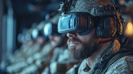 Aufkleber - Soldiers equipped with virtual reality headsets participate in an immersive training session, enhancing their skills and teamwork in a futuristic environment.