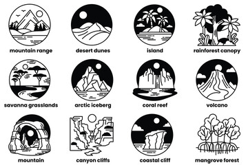 Wall Mural - a set of illustrations in the concept of various landscape areas in line drawing style