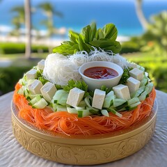 A vibrant platter of rice noodles, fresh vegetables, tofu, and dipping sauce, set against a beautiful beach backdrop.