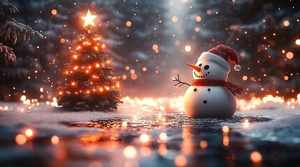 Poster - christmas sceney, christmas tree, snowman and christmas lights : Generative AI