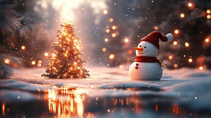 Poster - christmas sceney, christmas tree, snowman and christmas lights : Generative AI