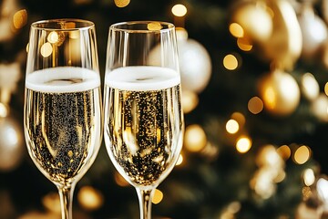 photo of champagne glasses in front of Christmas tree, close up, new year celebration : Generative AI