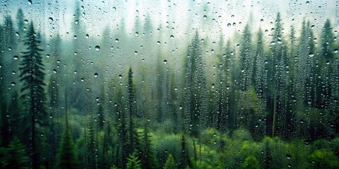 Wall Mural - Misty rainy forest landscape viewed through wet window glass