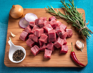 Raw meat chopped in cubes on a wooden cutting board. With rosemary, onions, and pepper. 