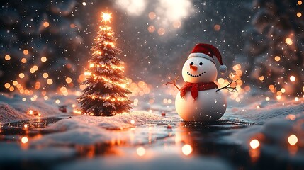 Poster - christmas sceney, christmas tree, snowman and christmas lights : Generative AI