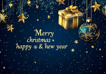 Poster - Starry sky background with hanging golden Christmas decorations : Generative AI