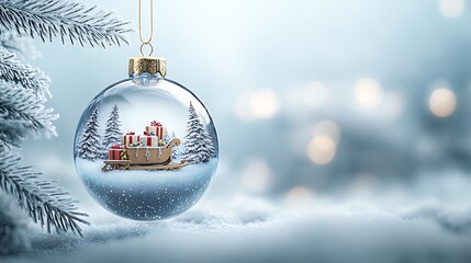 Poster - Stock photo of a glass ornament with a miniature sleigh and presents inside : Generative AI