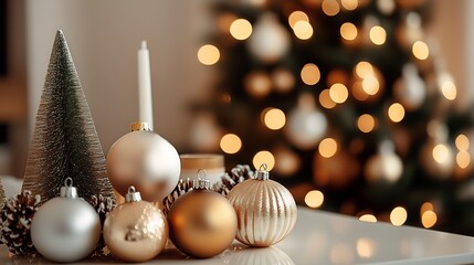 Poster - Christmas tree with decorations and snowflake on gold bokeh background. : Generative AI