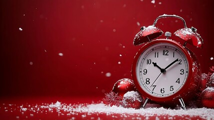 Poster - Christmas alarm clock with snowflakes and copy space on red background. : Generative AI