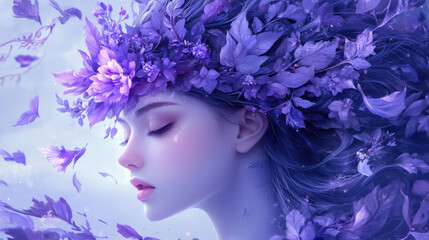 Wall Mural - Beautiful young woman with purple flowers on her head