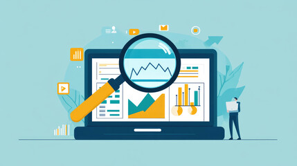 magnifying glass searches for data and illustrations on the computer