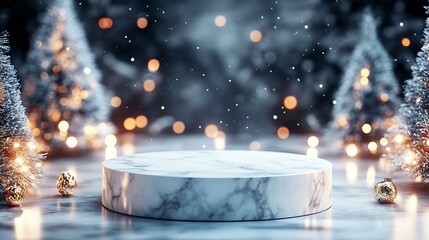 Poster - A stone empty marble podium on the background of a merry Christmas : Generative AI