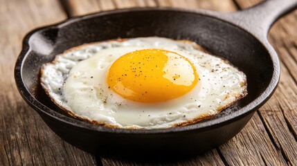 Fried egg in skillet on rustic wooden table