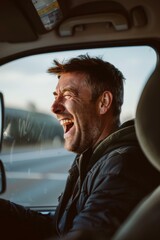 Sticker - A man laughing in the driver's seat of a car. AI.