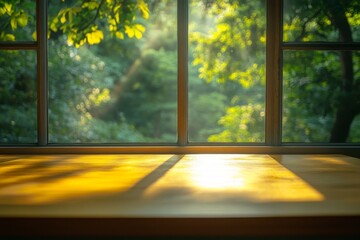 A wooden table top with a blurry view of a green forest through a window. The sun is shining through the window and casting a warm glow on the table.