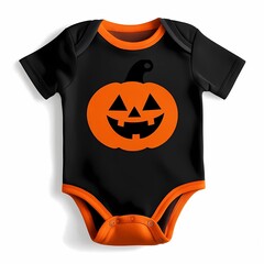 Wall Mural - black and orange Halloween onesie for babies with a smiling pumpkin print, neatly displayed on a clean white background, highlighting the festive and playful design