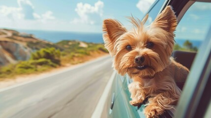 Poster - A dog enjoying the ride with its head out of the window. AI.