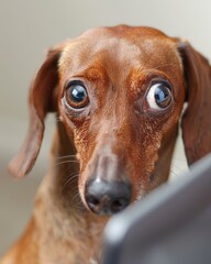 Poster - A curious dog with wide eyes looks into the camera. AI.