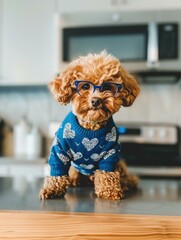 Wall Mural - A dog wearing glasses and a sweater. AI.