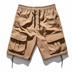 Wall Mural - A classic khaki men's cargo shorts with large side pockets and a relaxed fit, neatly displayed on a clean white background, showcasing the versatile, casual design