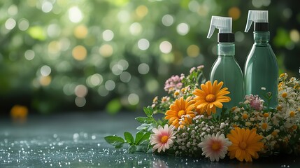 Wall Mural - natural disinfectants with spray bottles and flowers in green bucket symbolizing eco friendly cleaning.stock image