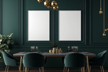 Poster - two vertical aspect ratio white plain framed poster hanging on a wall : Generative AI