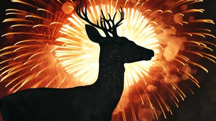 Wall Mural - A deer stands silhouetted against a vibrant display of fireworks in the night sky