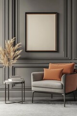 Poster - Interior mockup of modern living room with an armchair and empty : Generative AI