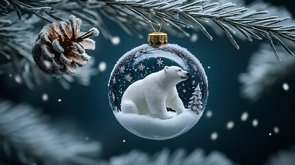 Poster - a glass Christmas ornament featuring a polar bear inside : Generative AI