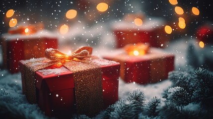 Poster - Christmas gift boxes glowing with warm lights and Christmas decorations.  : Generative AI