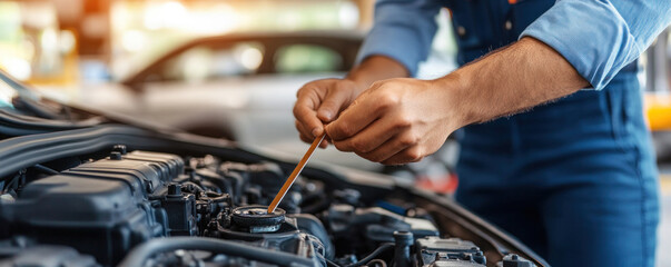 A mechanic is working on a car engine, using a stick to check the oil level. Concept of diligence and expertise, as the mechanic is focused on the task at hand