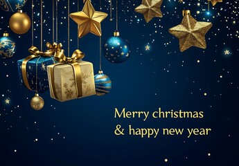 Poster - Starry sky background with hanging golden Christmas decorations : Generative AI