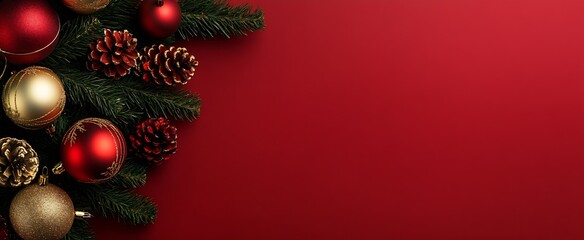 Poster - Christmas Tree with Christmas ornaments on red background : Generative AI