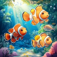 Wall Mural - Three clownfish swim in a colorful underwater scene with coral reefs and sunlight streaming through the water.