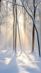 Poster - A serene winter forest covered in fresh snow, with sunlight filtering through the bare trees.  : Generative AI