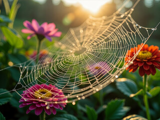 Spider web is spread across a field of flowers