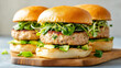 © Kunut - Juicy turkey burgers with avocado and sprouts on wooden board, showcasing fresh ingredients and vibrant colors.