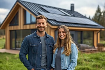 A happy couple standing in front of their modern wooden house  : Generative AI