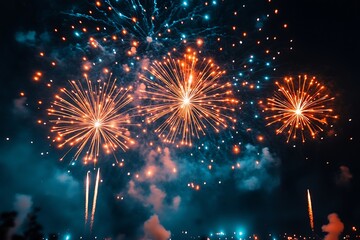 Poster - Fireworks display on a dark blue sky background.  : Generative AI