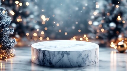 Poster - A stone empty marble podium on the background of a merry Christmas : Generative AI