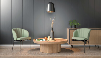 3d rendering of a Scandinavian living room with a wooden table and two chairs - mock-up - placeholder.