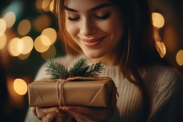 Wall Mural - A woman holds an open gift box wrapped in brown paper : Generative AI