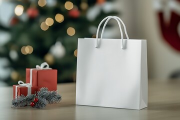 Mockup empty, front view of white shopping bag, christmas background : Generative AI