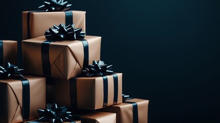 Poster - luxury soft paper wrapped Christmas presents with soft velvet ribbons and bows. : Generative AI