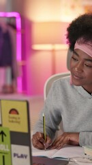 Fototapete - Night, laptop and video call with black woman in bedroom for research assignment, college thesis or online class. Education, knowledge or elearning with girl at home for university, school or project