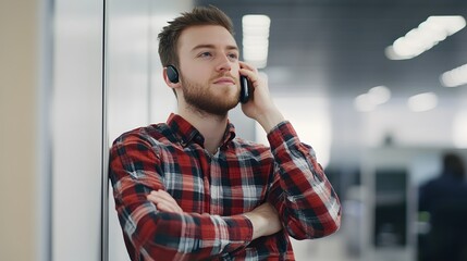 Wall Mural - Young Man in Red Plaid Shirt Talking on a Phone