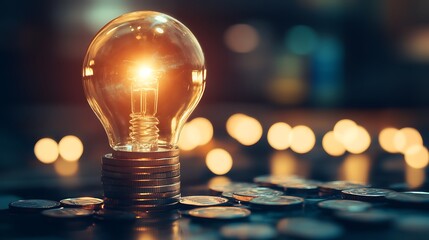 A light bulb glowing brightly on a stack of coins, representing financial success and new ideas.