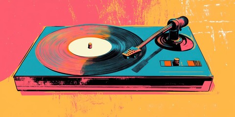 Wall Mural - Colorful vintage record player with vinyl.