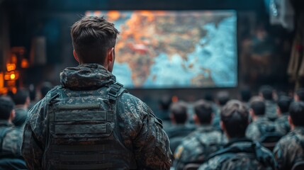Aufkleber - A group of military members attentively watches a large screen displaying tactical maps during a briefing in a command center. The atmosphere is focused and serious as they prepare for operations.